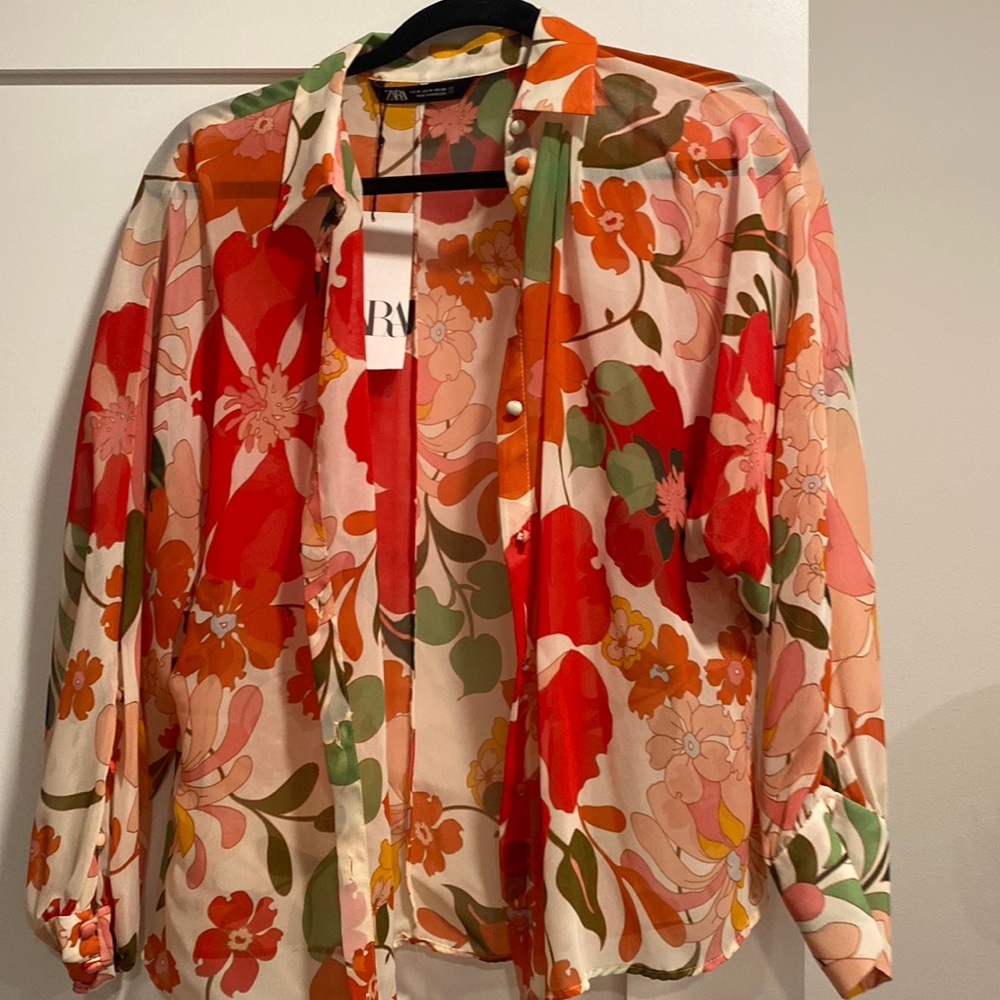 Zara floral sheer button down